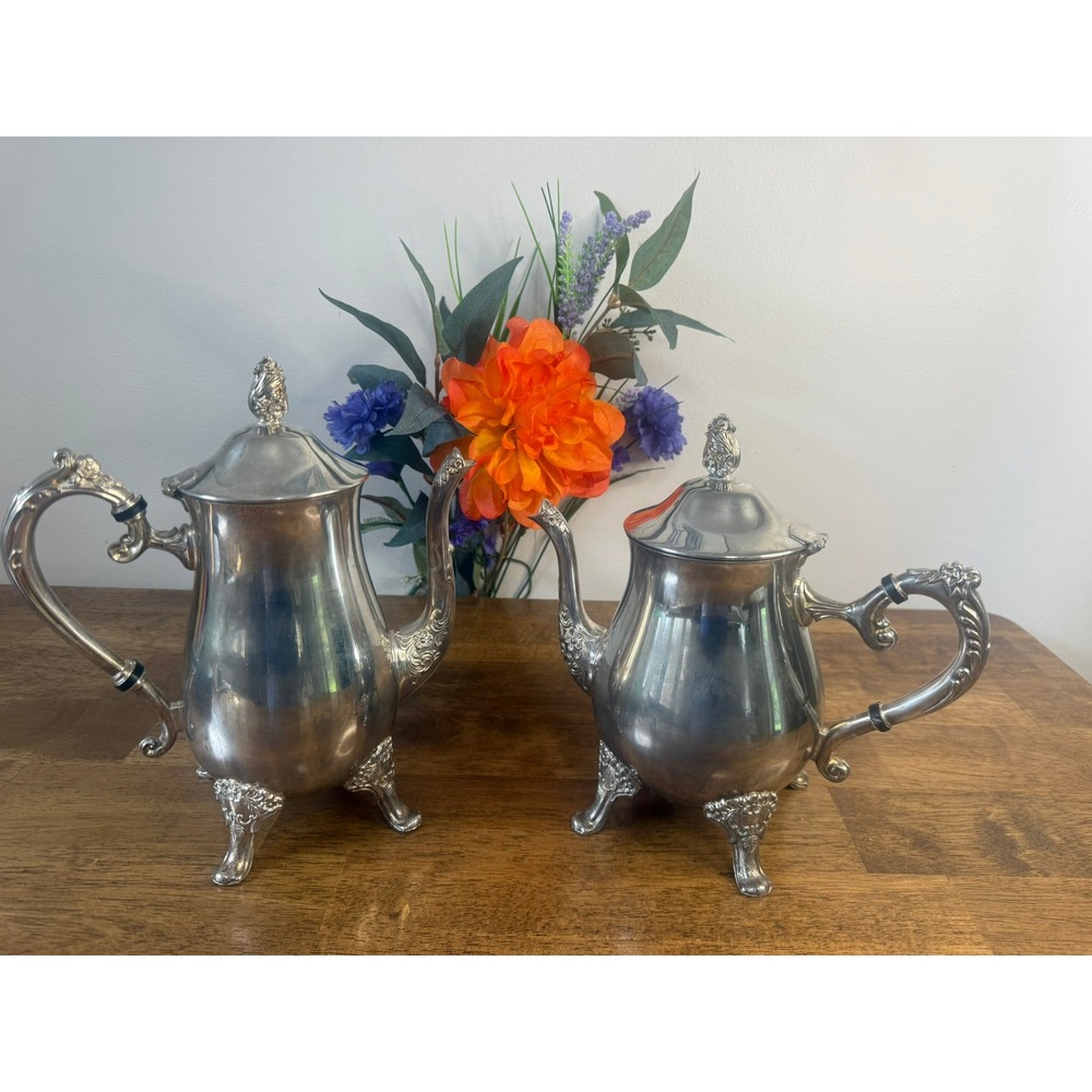 Vintage Silver Plate Coffee Pot Hot Water Pot EP Brass Ornate Footed Tea Service